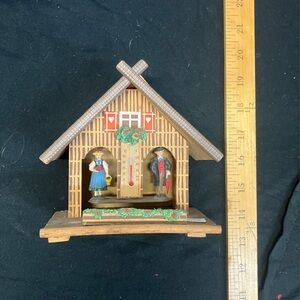 Hand-Painted Wooden Chalet Thermometer with Couple Figurines - Brown